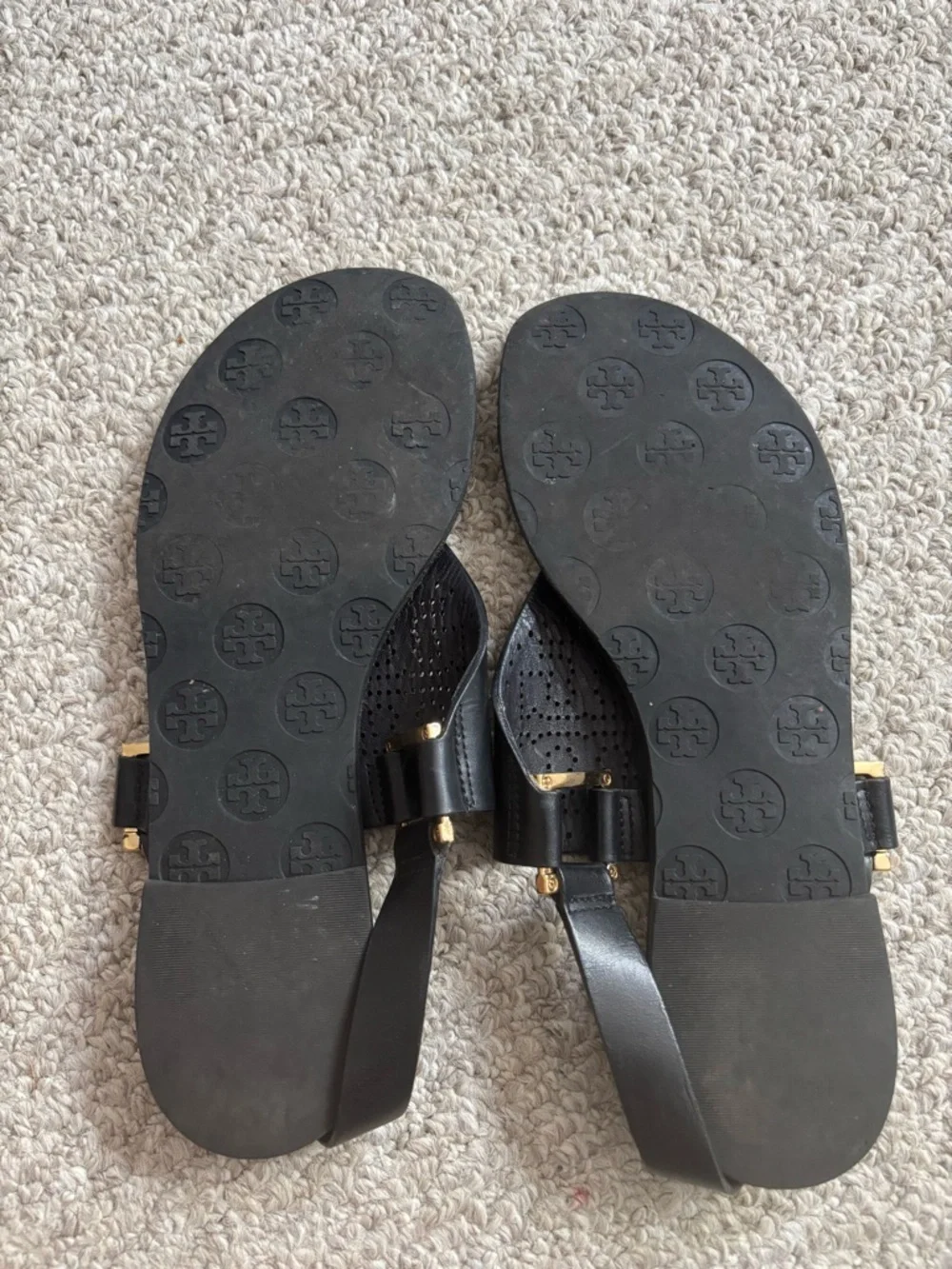 Tory Burch Black Perforated Logo Thong Sandals with Gold Hardware